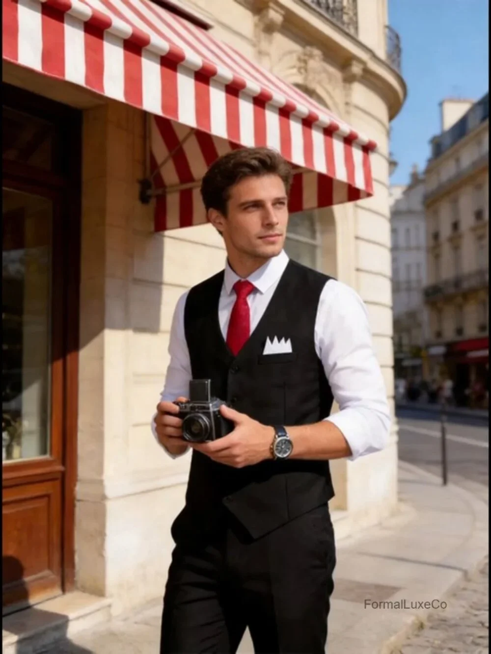 Men's Slim Fit Satin Back Suit Vest 3-Piece Set with Tie & Pocket Square,
